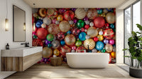 Festive mural with hanging Christmas baubles

