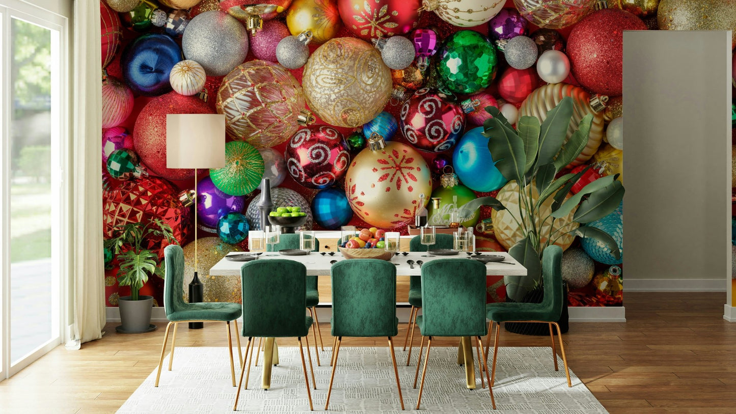 Holiday wallpaper with shiny ornaments

