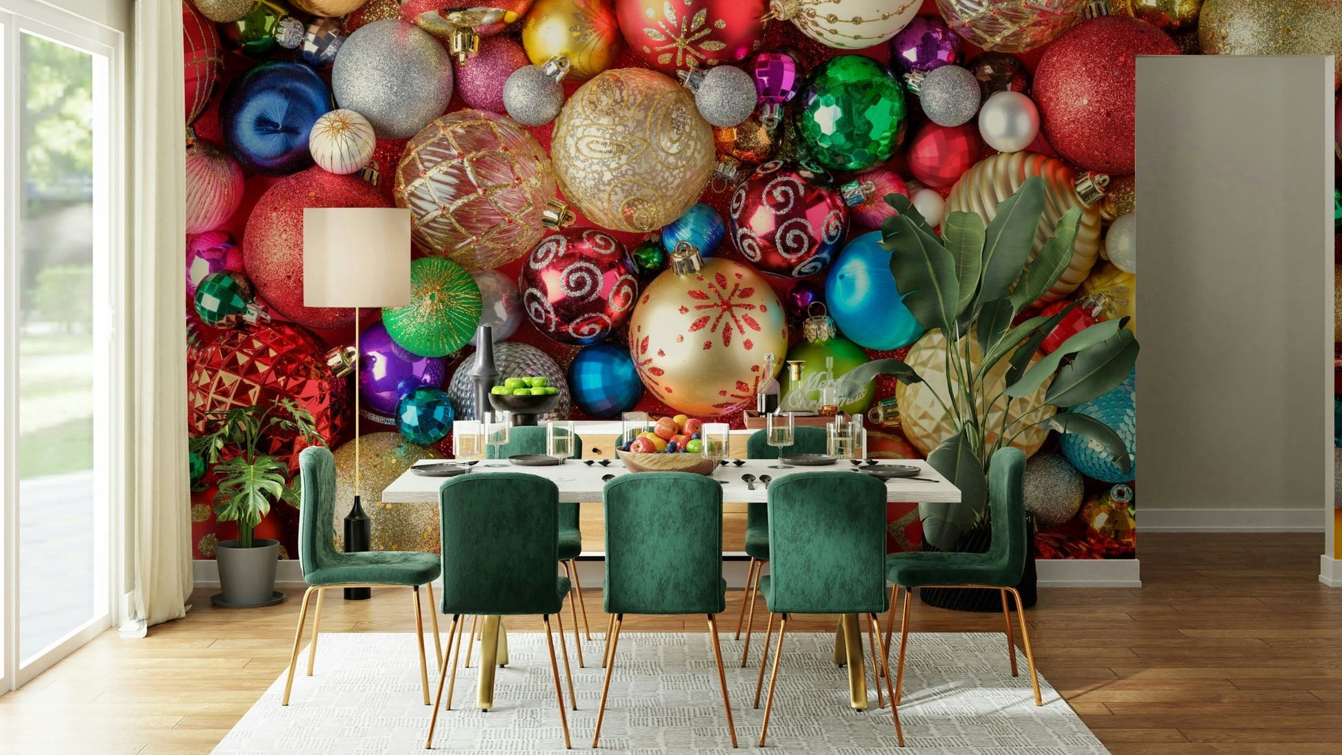 Holiday wallpaper with shiny ornaments

