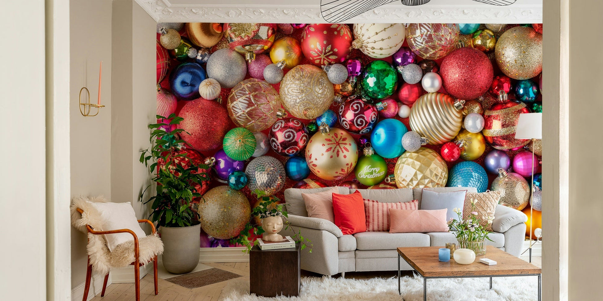 Bright bauble mural for holiday interiors

