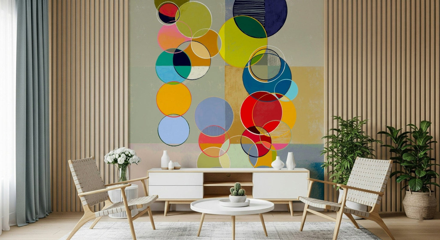 Chromatic Circles wall mural keeps a living area creative and visually active