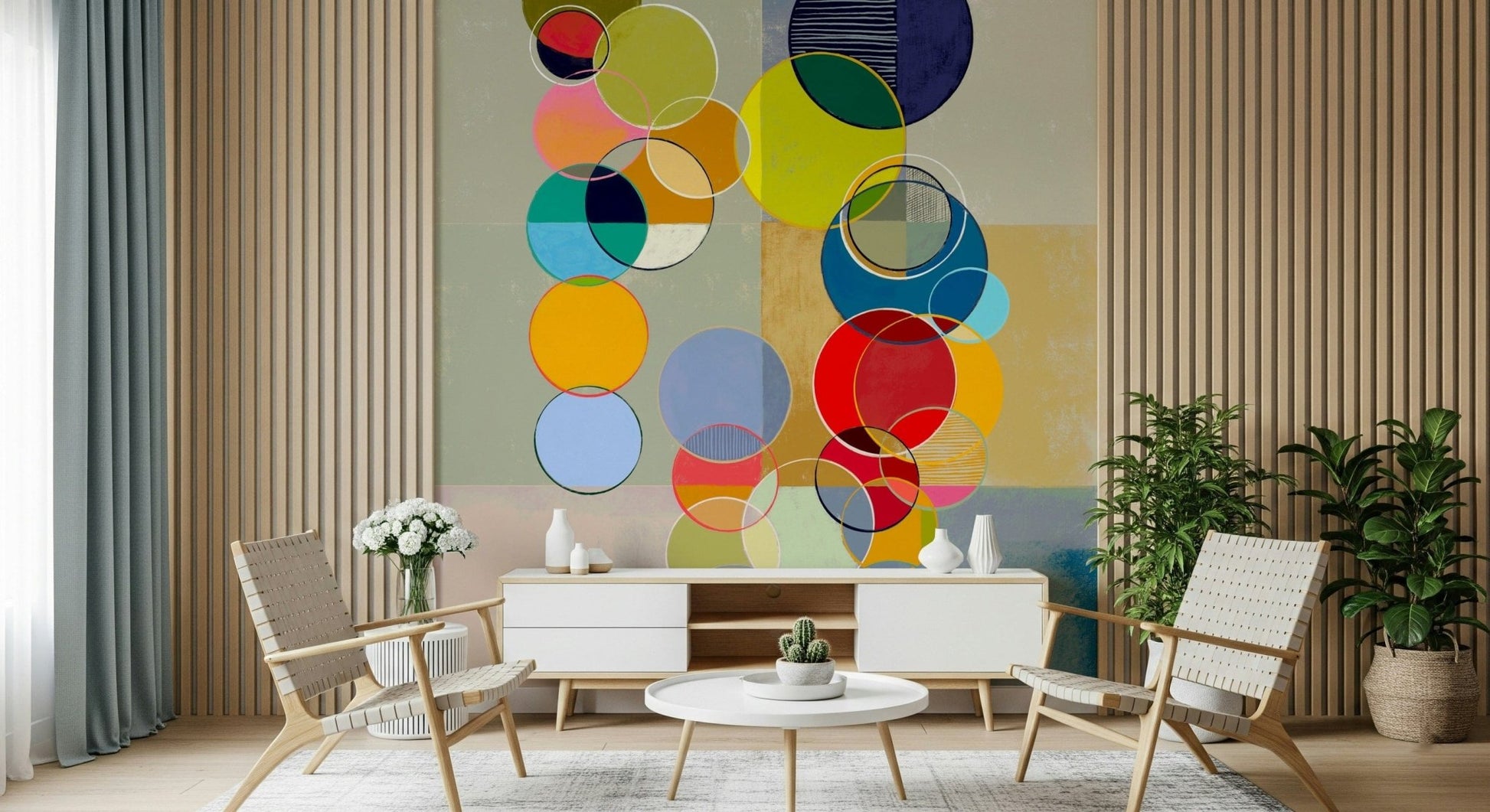 Chromatic Circles wall mural keeps a living area creative and visually active