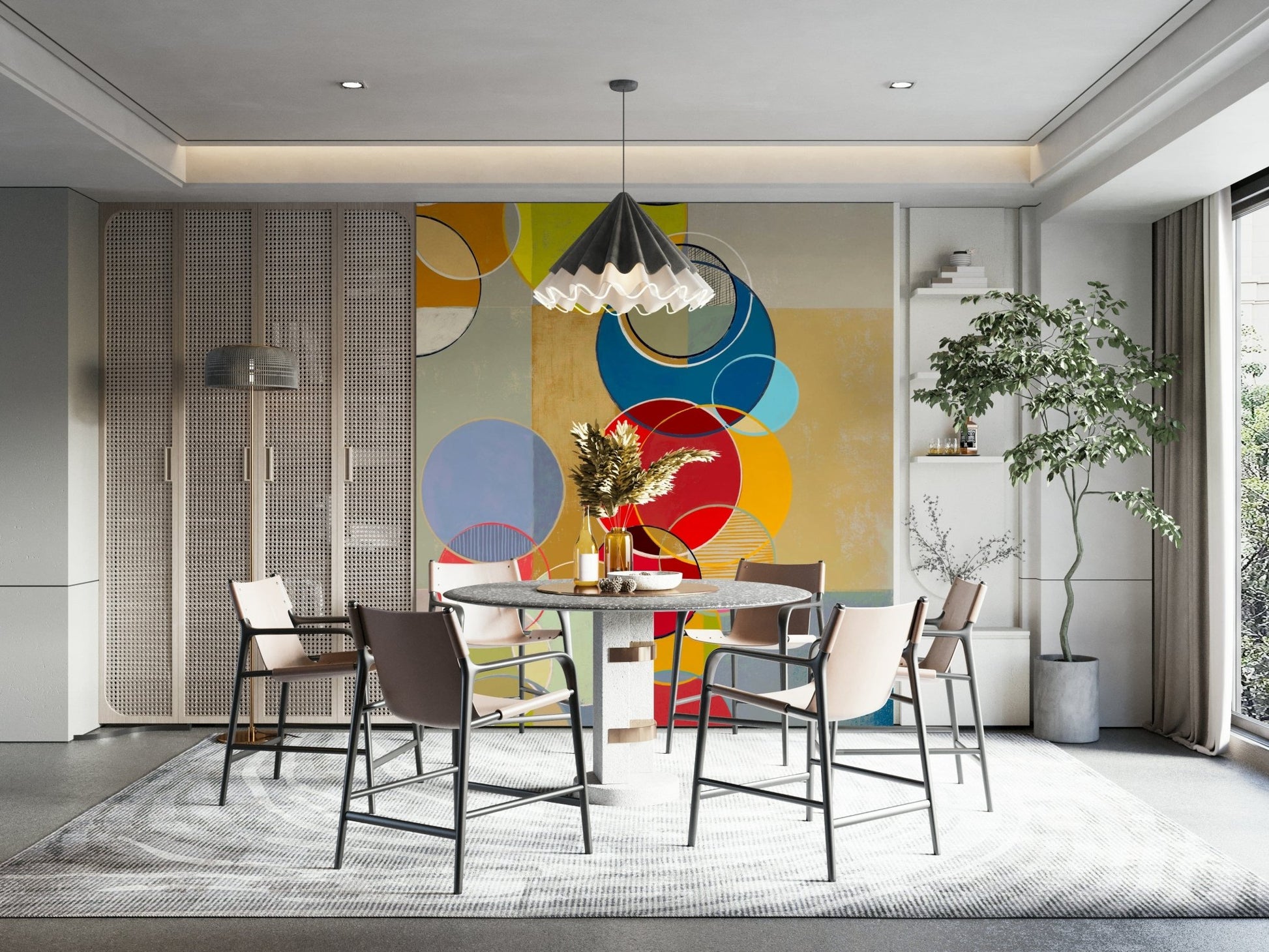 Dining room energy lifts with Chromatic Circles wall mural layered circles