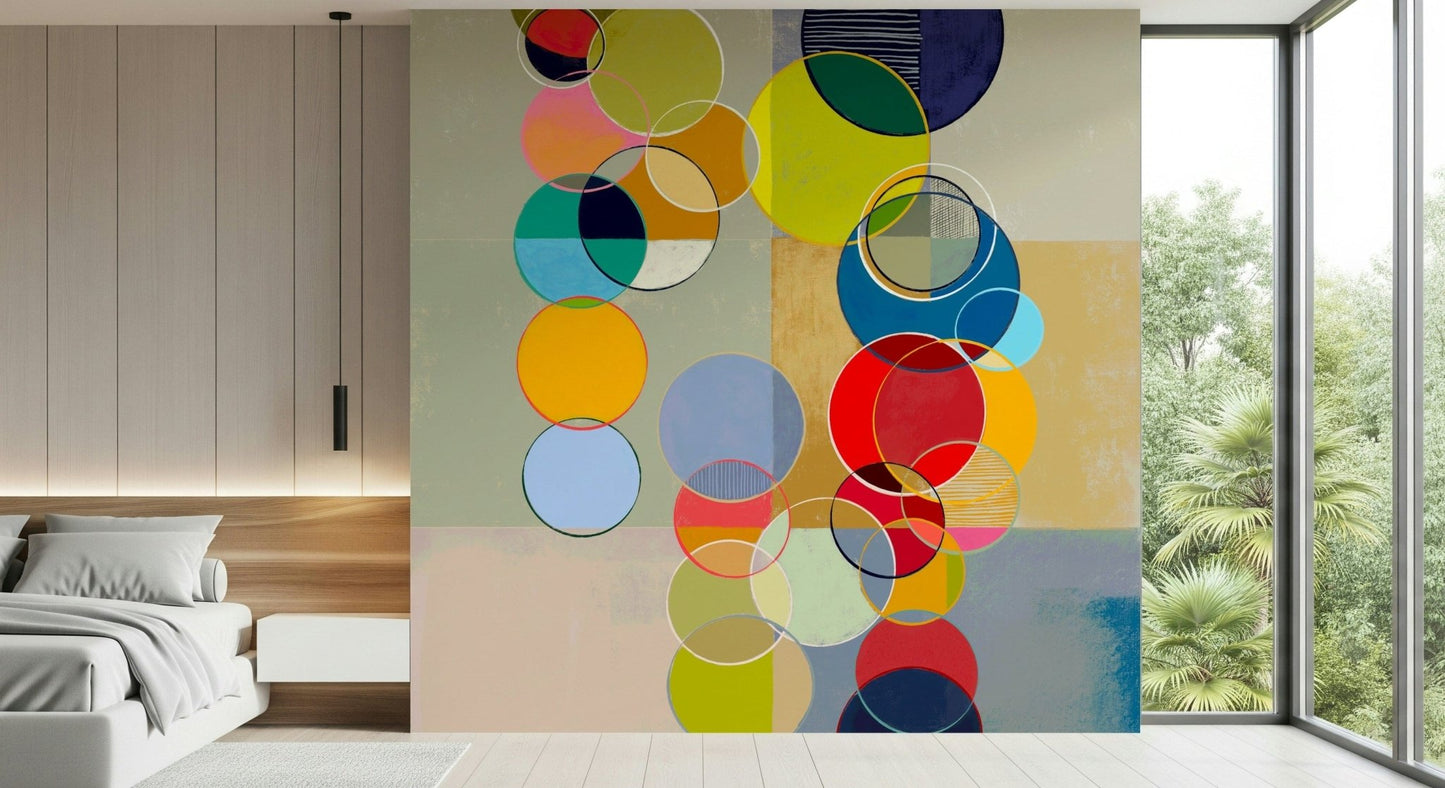 Guest room styling feels unique with Chromatic Circles wall mural pattern