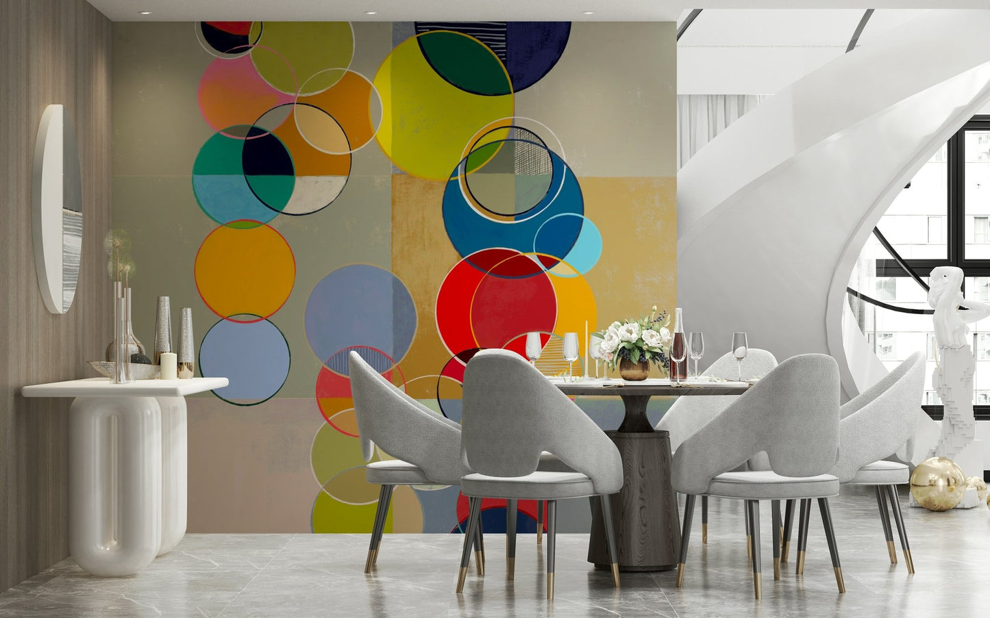 Dining room focus improves with Chromatic Circles wall mural geometric flow