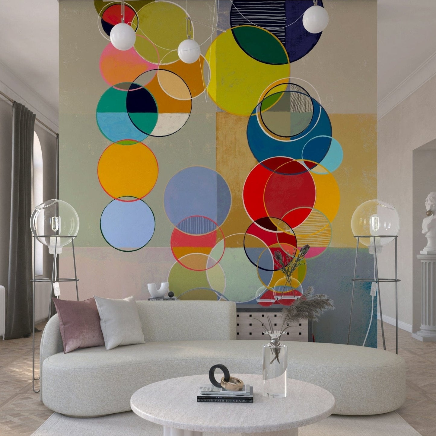 A living room feels energetic with Chromatic Circles wall mural color layering