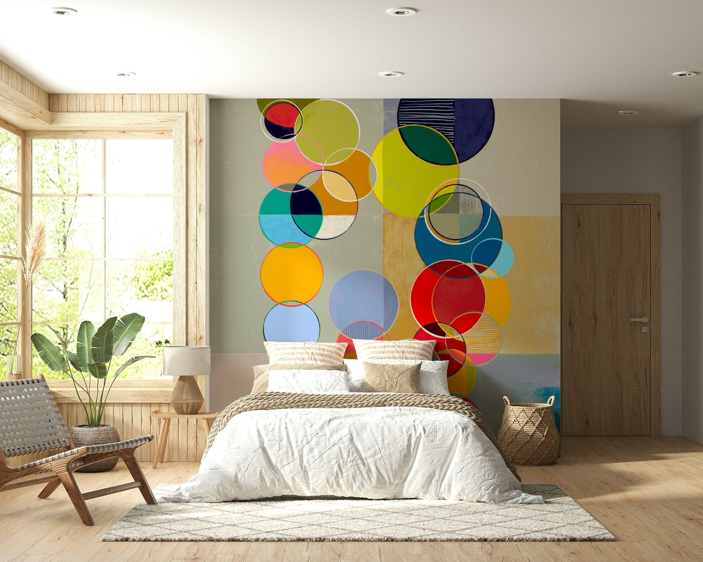 Bedroom space feels vibrant with Chromatic Circles wall mural color contrast