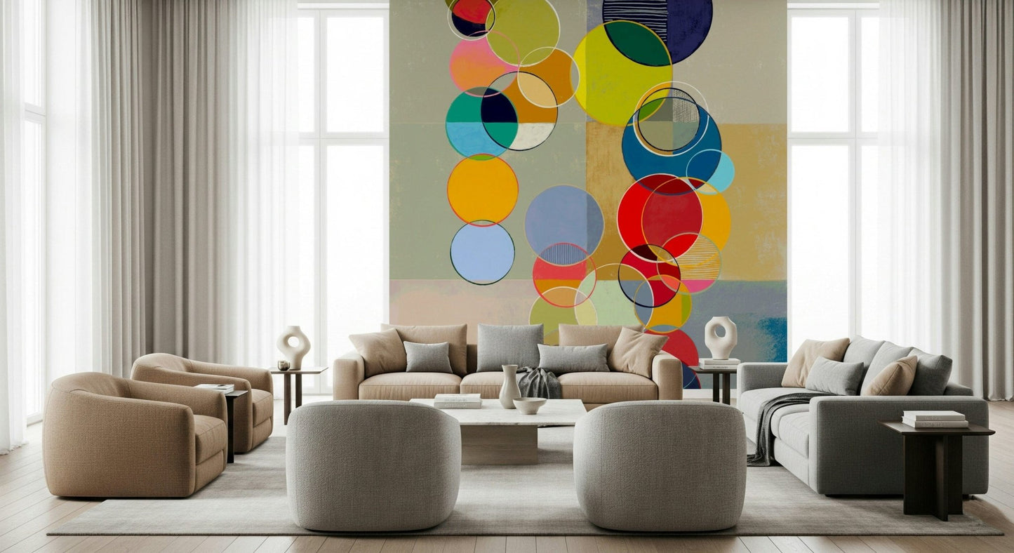 Hallway styling gains a modern edge through Chromatic Circles wall mural shapes