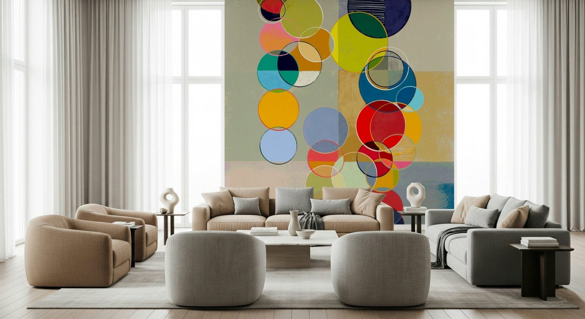 Hallway styling gains a modern edge through Chromatic Circles wall mural shapes