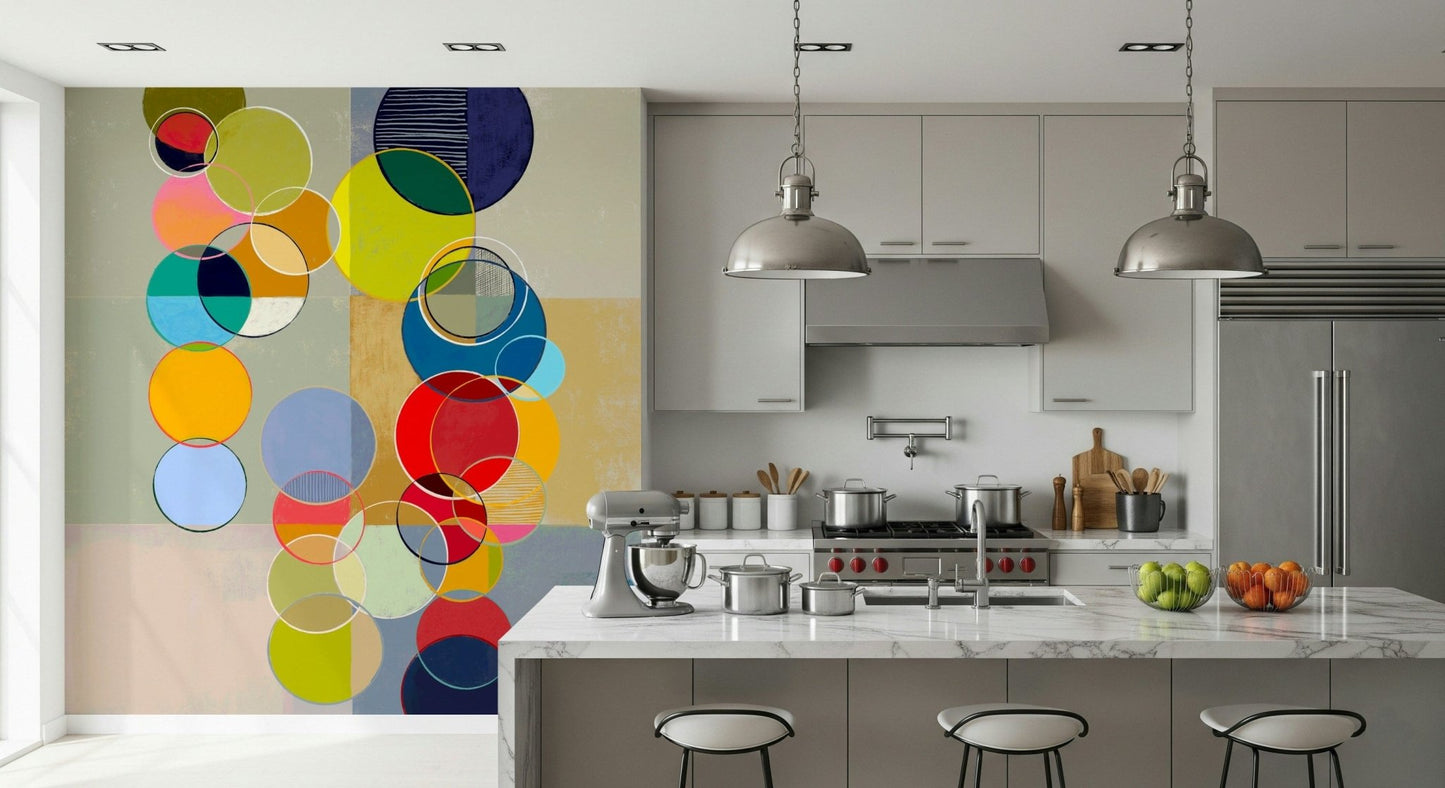 Dining room setup feels lively with Chromatic Circles wall mural composition