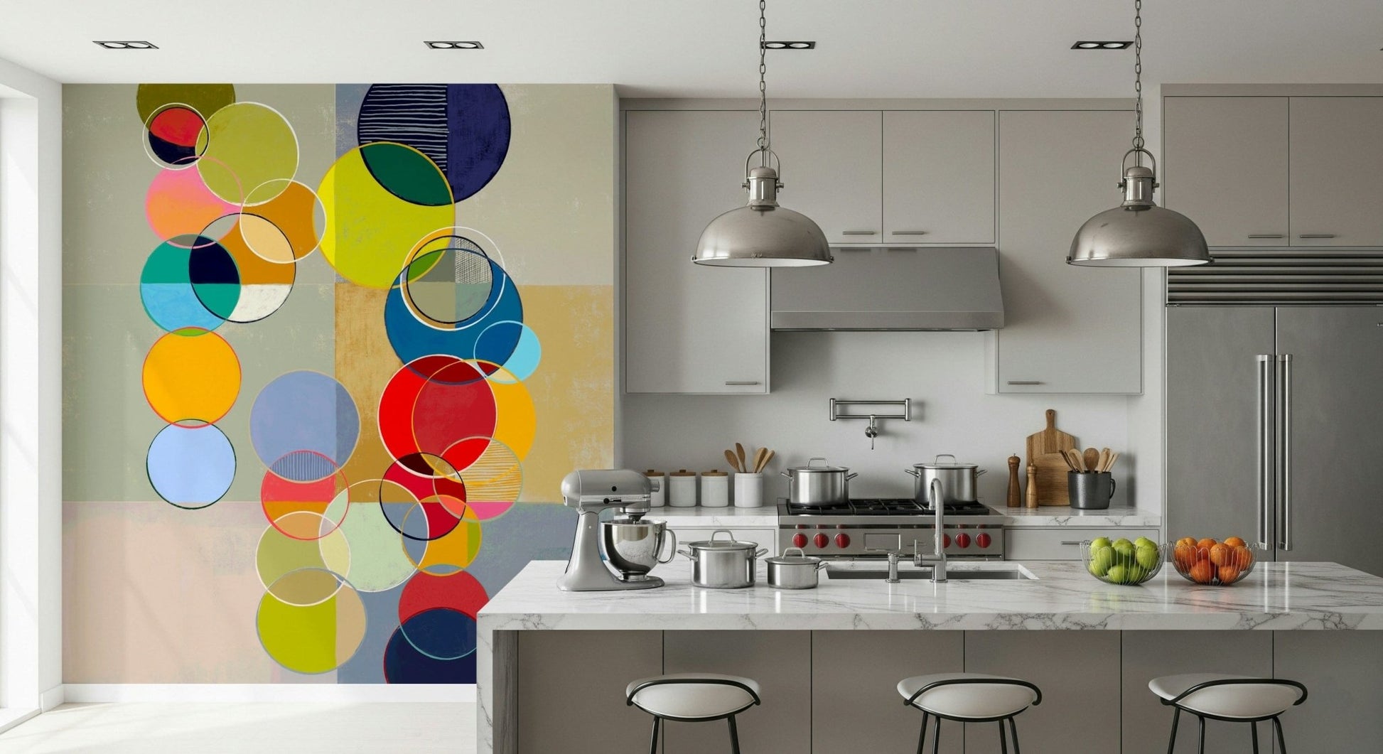 Dining room setup feels lively with Chromatic Circles wall mural composition