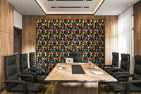 A peaceful colorful abstract mural on decorative wallpaper.

