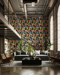 An artistic chromatic pattern mural on minimalist wallpaper.

