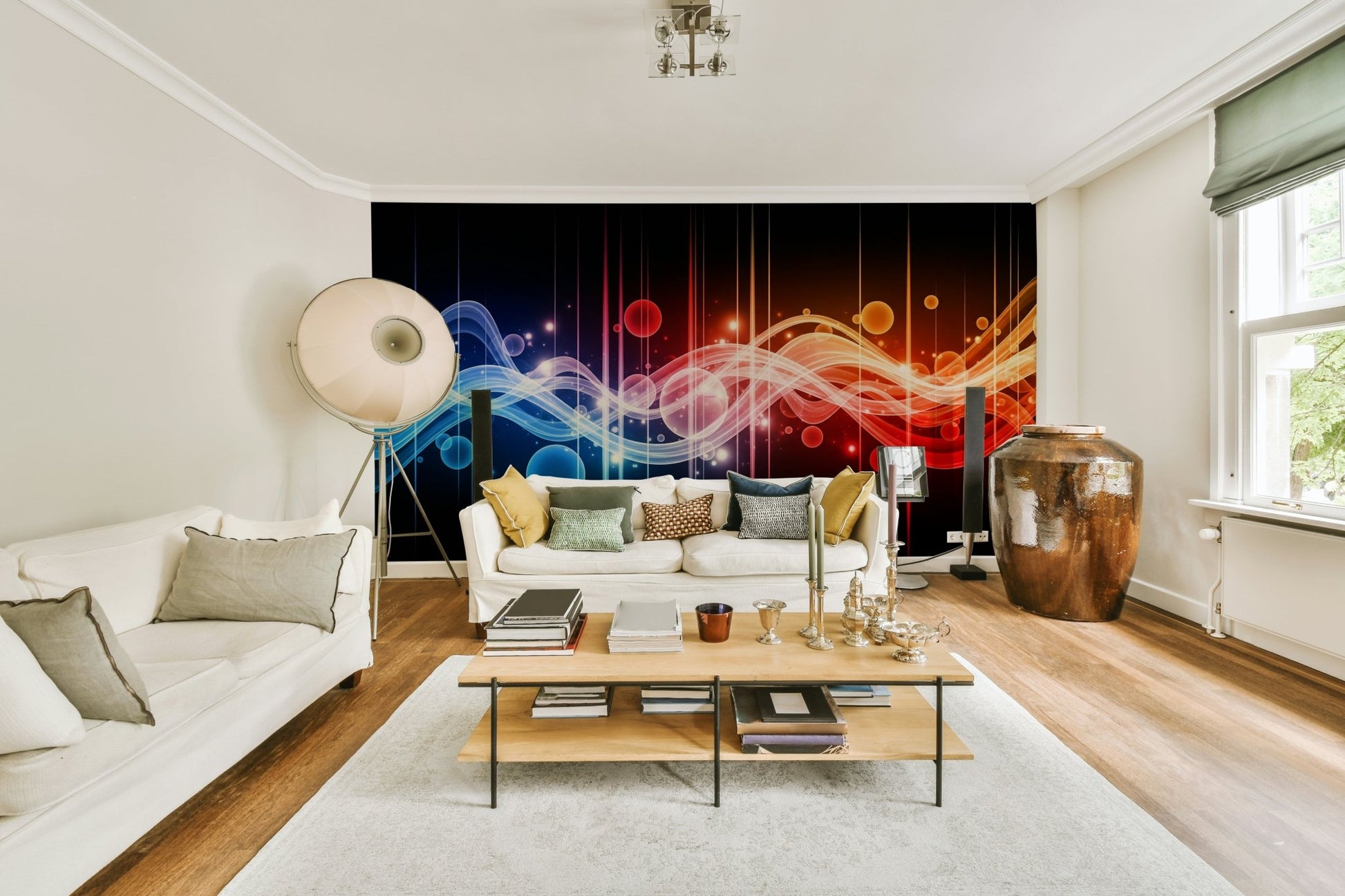 A full-wall mural of a serene ocean scene.
