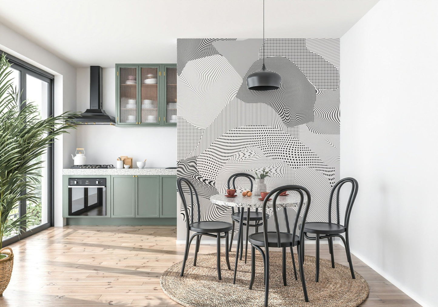 A peaceful modern abstract mural on decorative wallpaper.