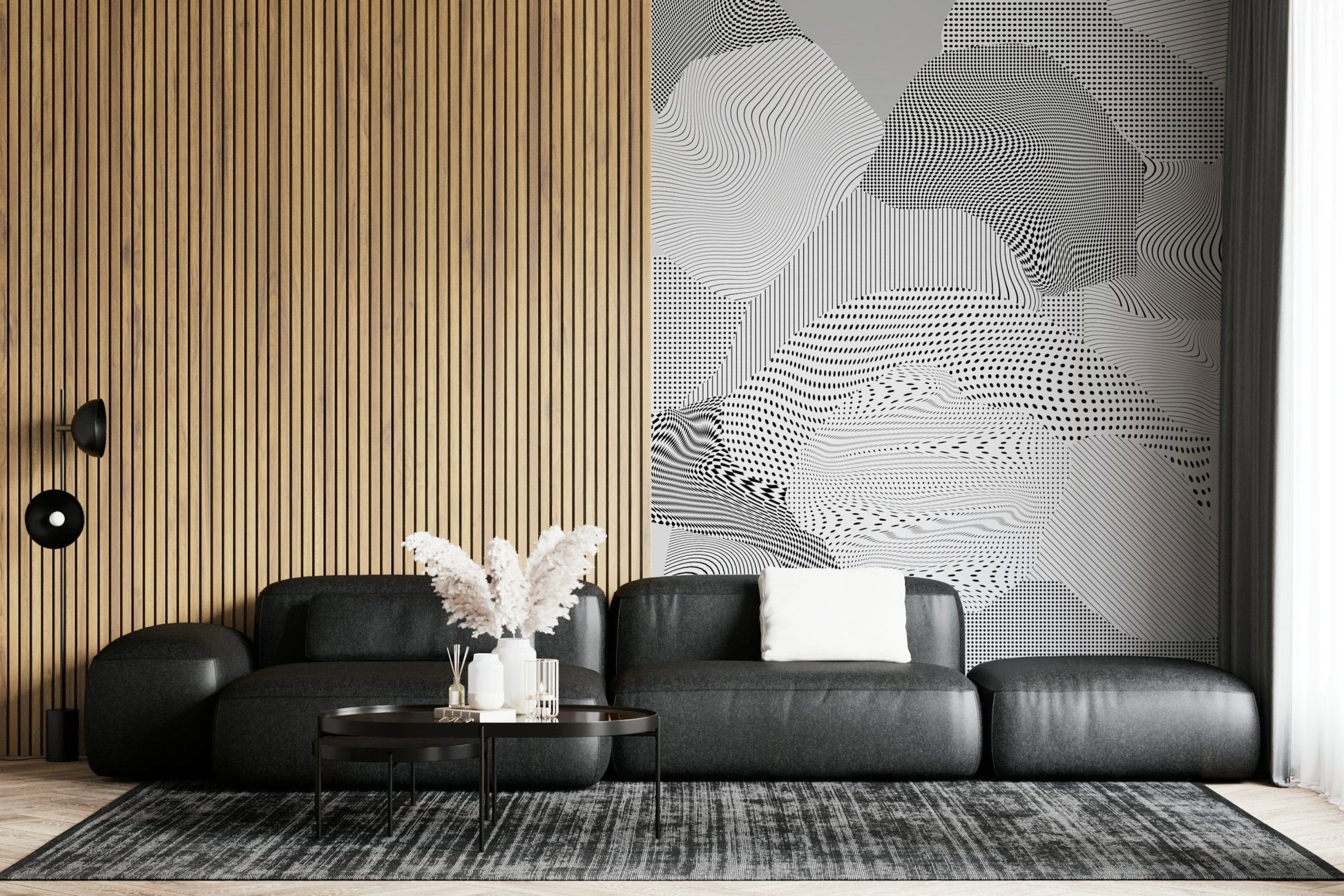 A contemplative polished metal wallpaper mural for a feature wall.