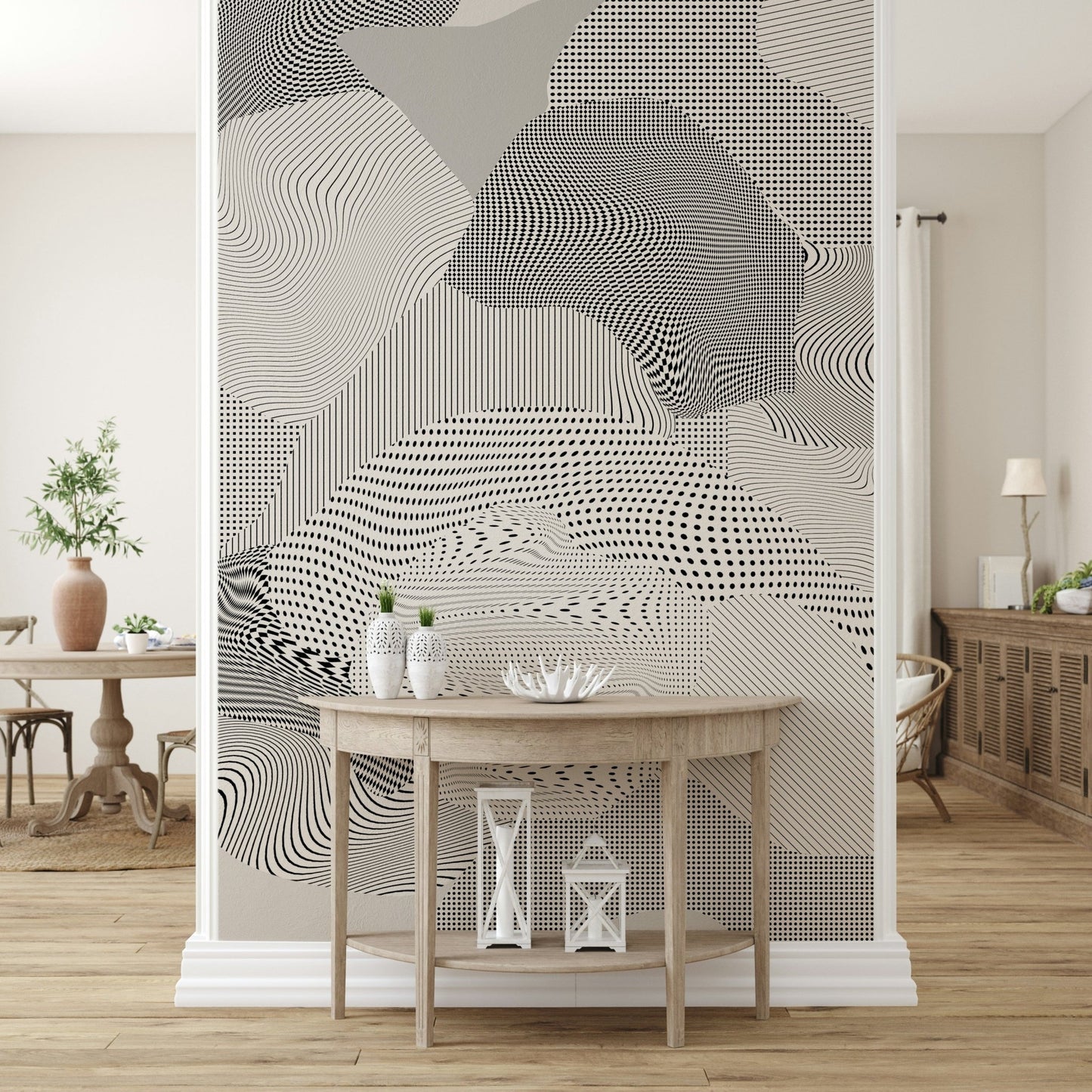 An artistic minimalist form mural for home decor.