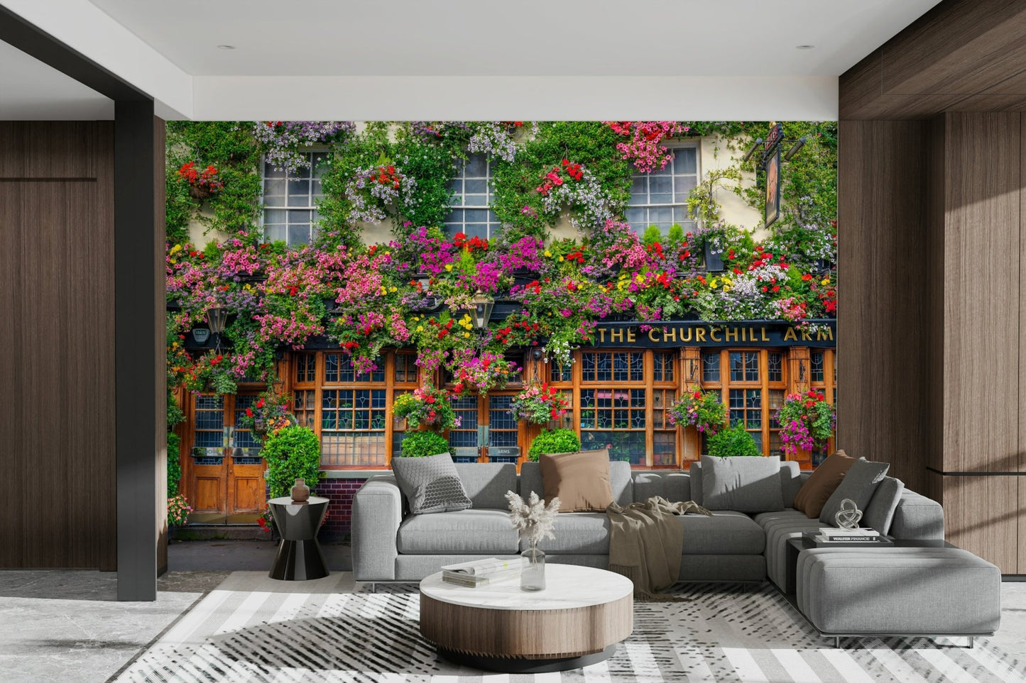 Wall mural capturing the charm of the Churchill Arms Pub

