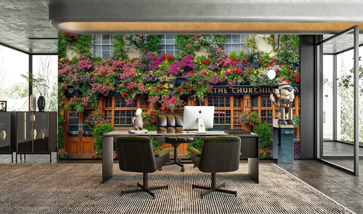 Colorful pub facade with flowers adorning the windows

