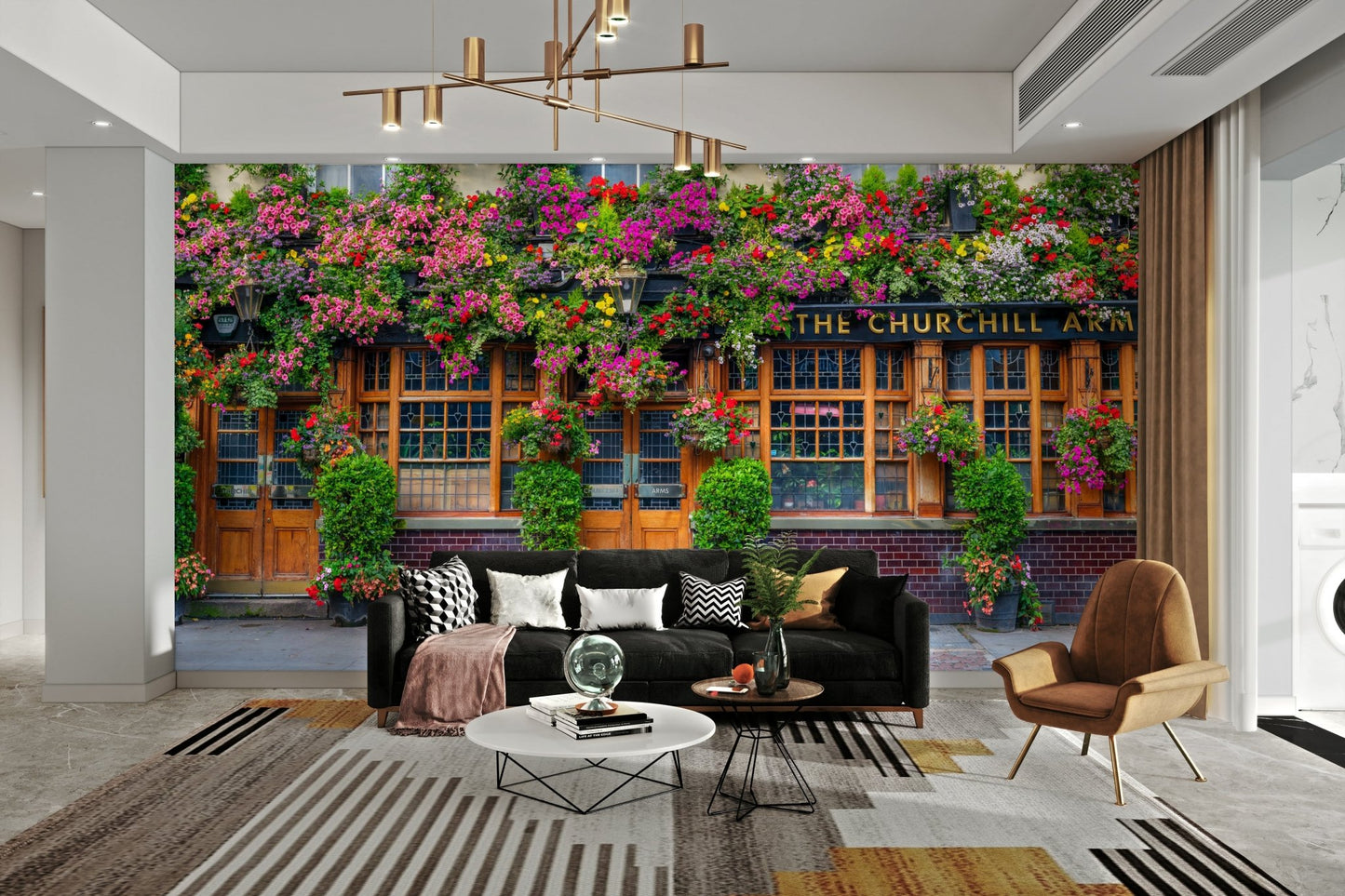 Classic pub architecture with colorful flowers in bloom

