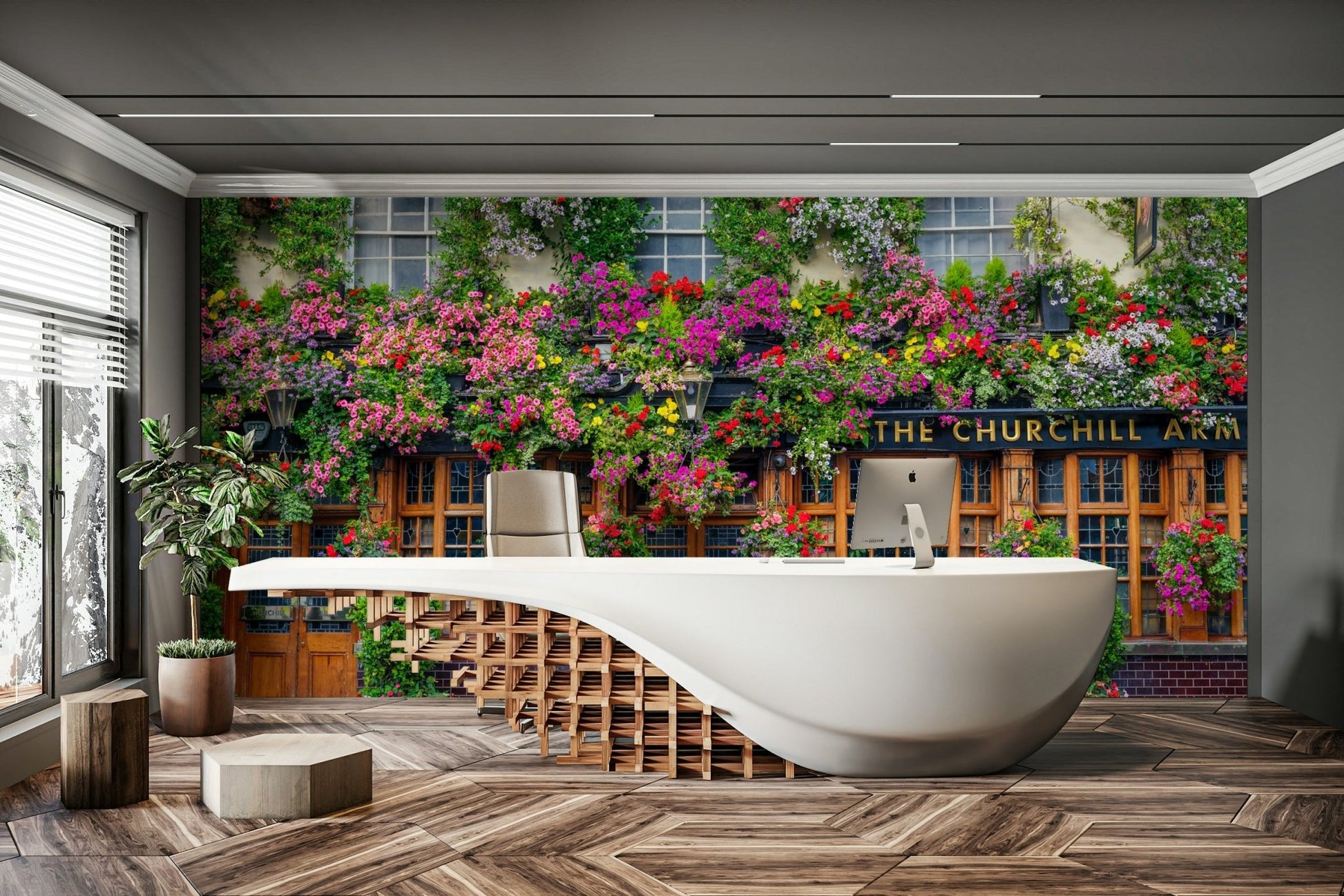 Churchill Arms Pub Wall Mural with vibrant floral displays

