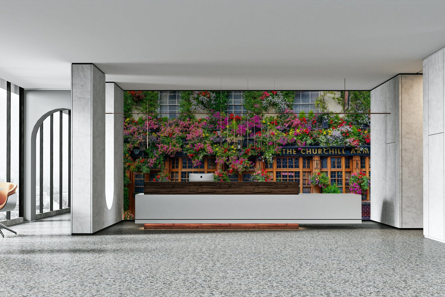 English-style pub mural with rich floral decorations


