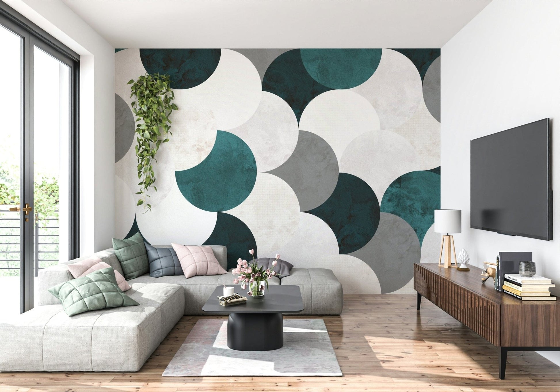 Blue and gray circular motif in the Circle Abstract Wall Mural.