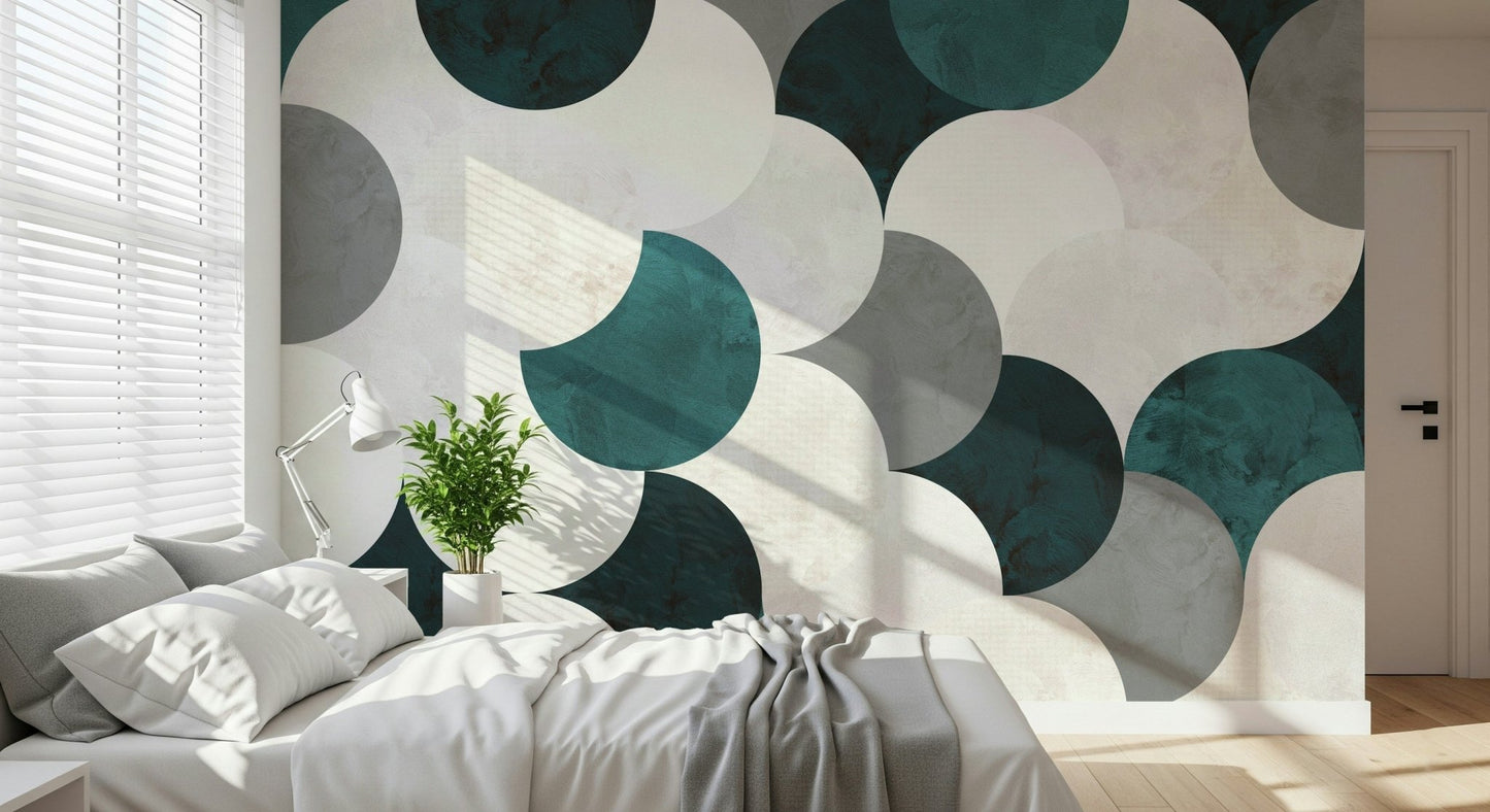 Headboard area showcasing the subtle geometric Wall Mural.