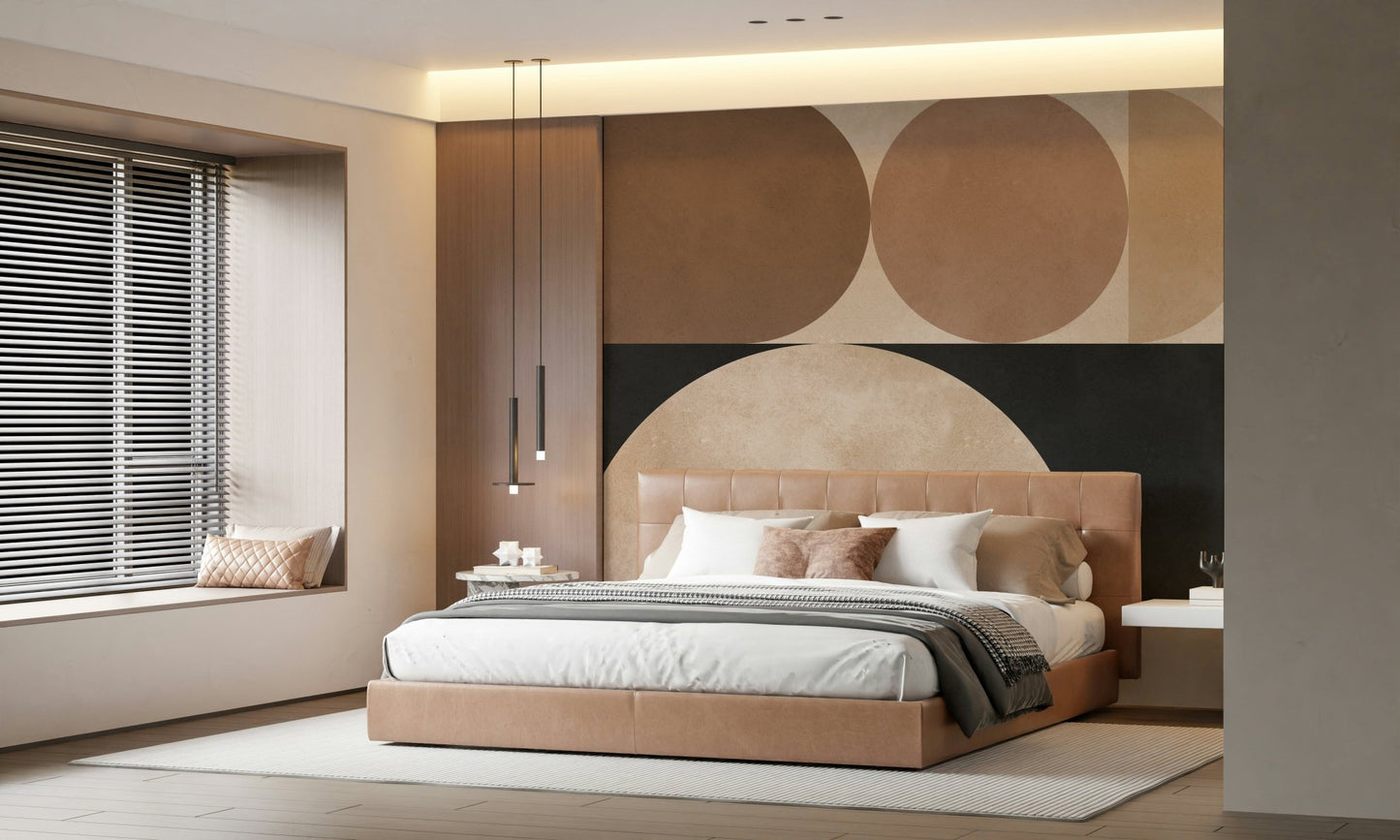 A contemplative circular design wallpaper mural for a feature wall.