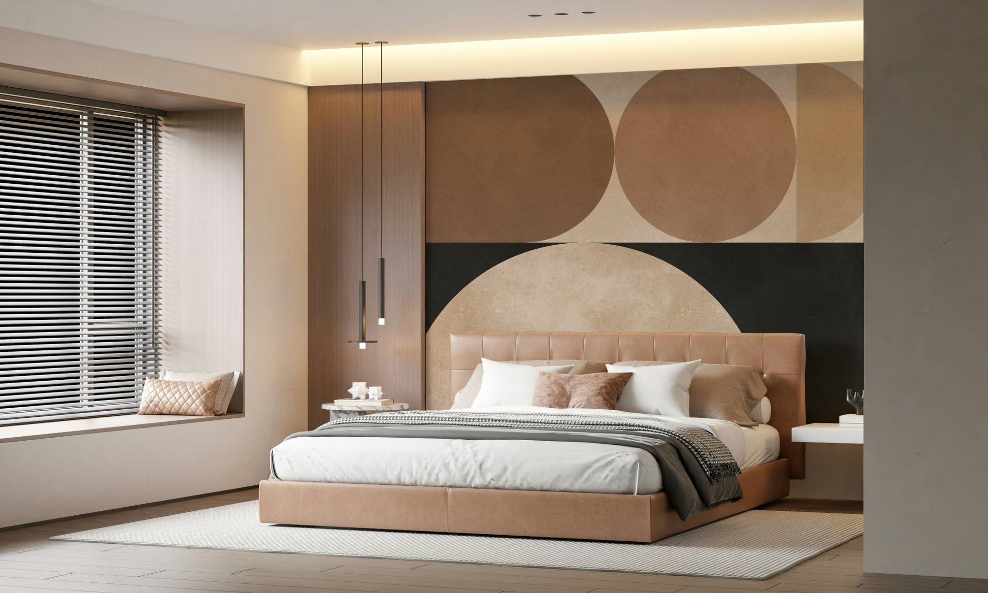 A contemplative circular design wallpaper mural for a feature wall.