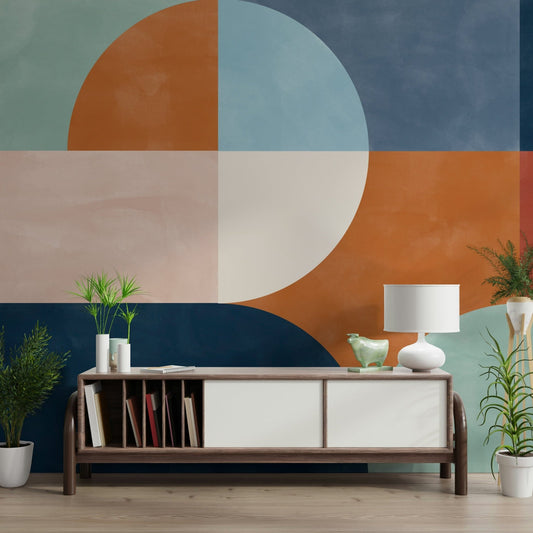 Navy and terracotta colour-block wall mural in a modern hallway.