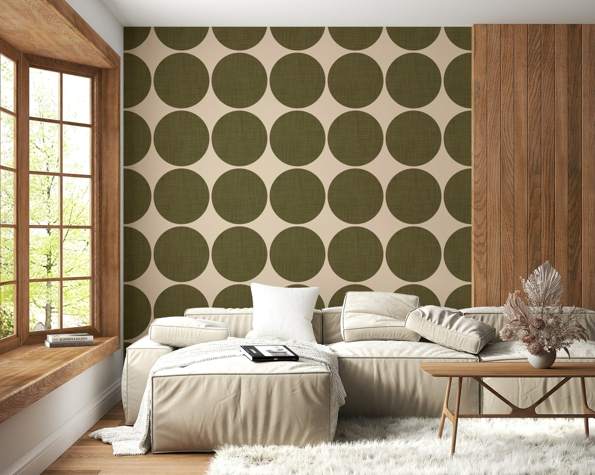 Circles in Linen Wallpaper Taupe background, maximalist globes mural.