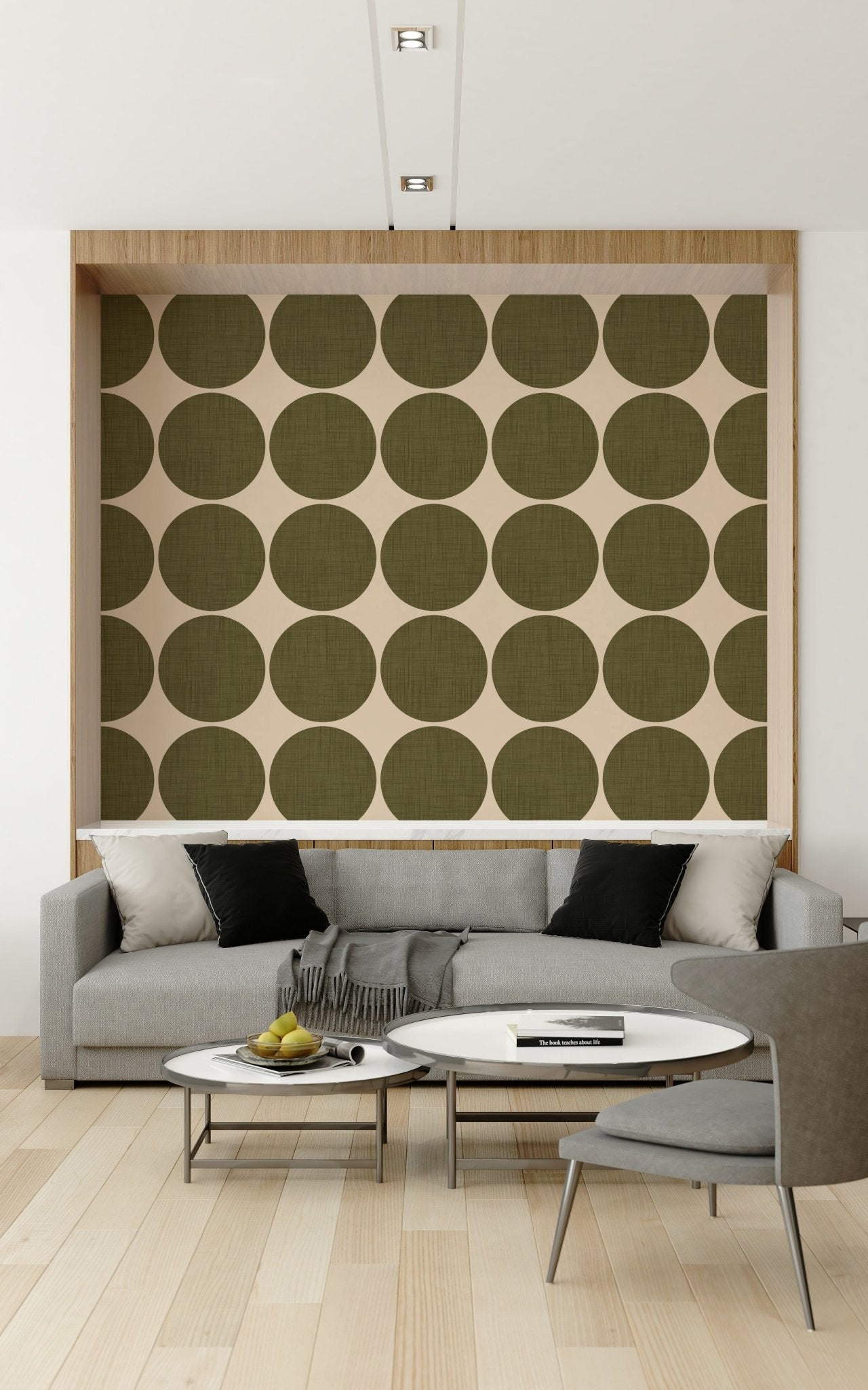 Umbrageous Circles in Linen Wallpaper Large viridian rounds, wall print.