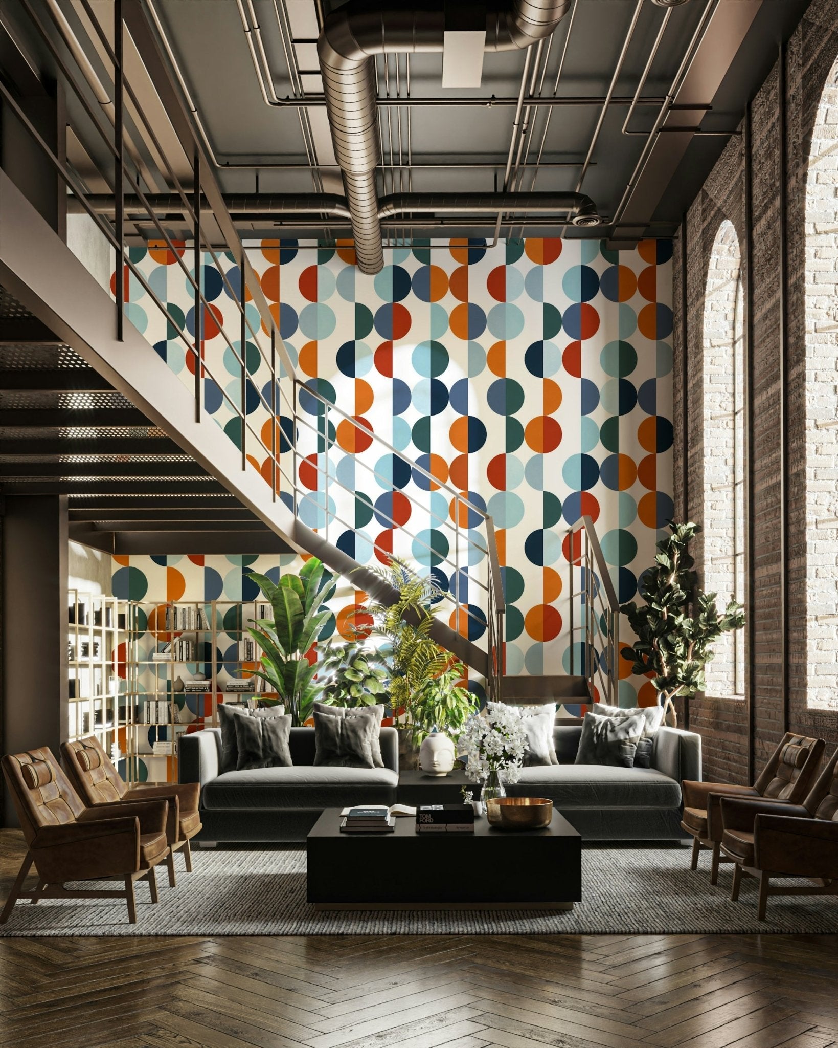 A room decorated with the Circular Symmetry wallpaper. GD3376, GD3377