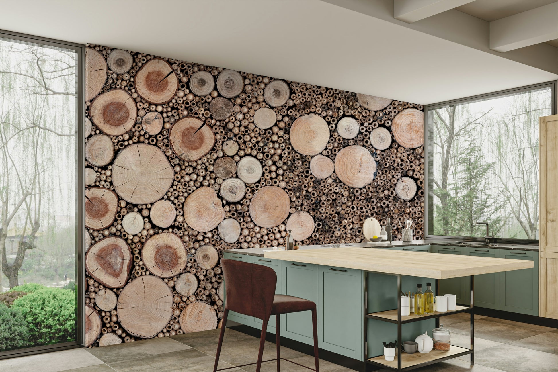 Natural wooden texture mural with circles

