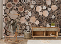 Tree rings wall mural with natural tones

