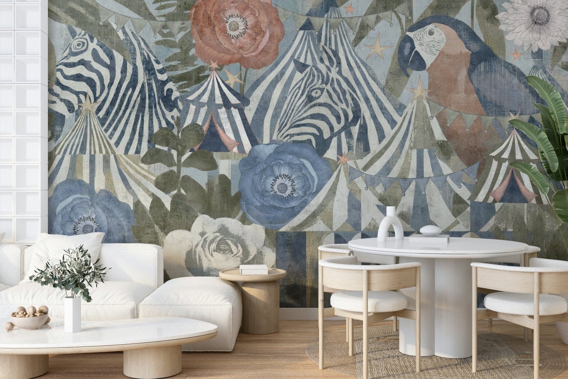 A living room featuring the circus flora wall mural.

