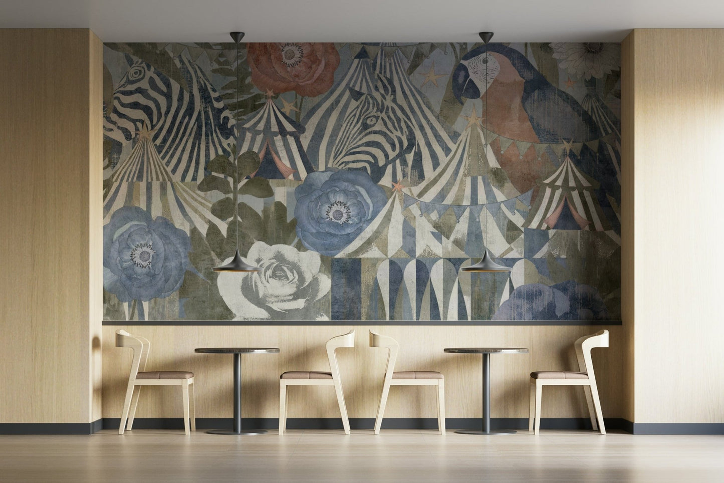 A high-angle view of the wall mural in a large space.

