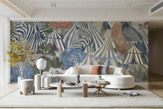 A beautiful, whimsical mural of a circus carnival with floral details.

