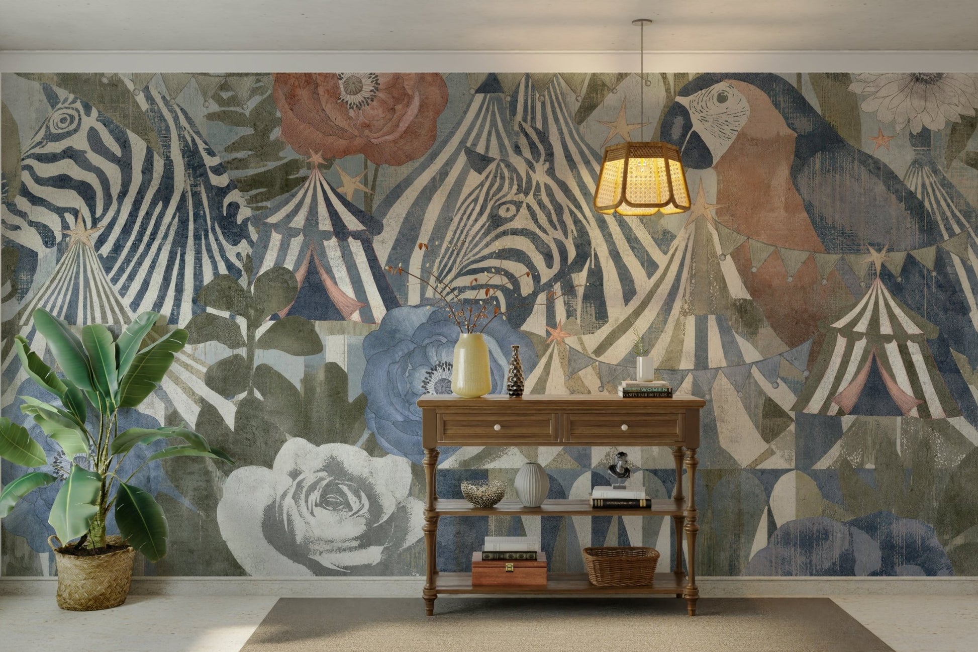 A close-up of the textured details in the vintage carnival design.

