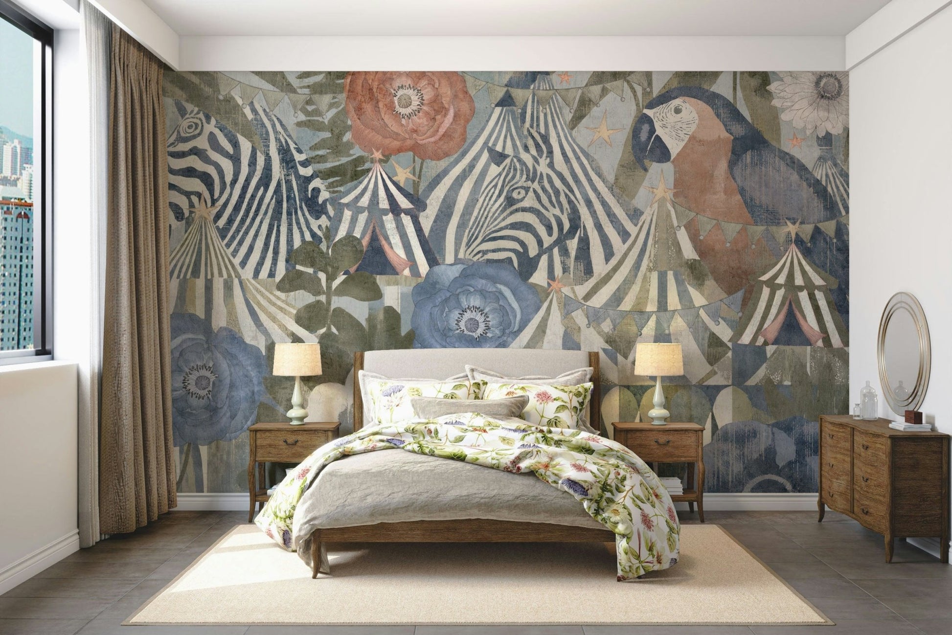 A minimalist interior with the carnival-themed wallpaper.

