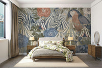 A minimalist interior with the carnival-themed wallpaper.

