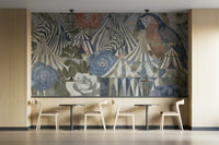 A high-angle view of the wall mural in a large space.

