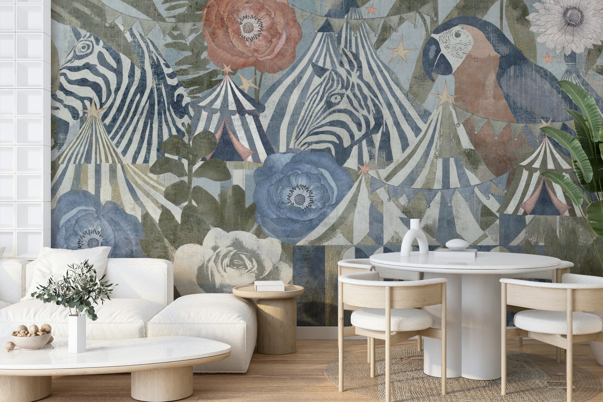 A living room featuring the circus flora wall mural.

