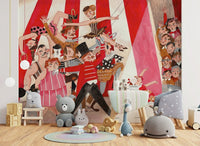 A peaceful modern abstract mural on decorative wallpaper.