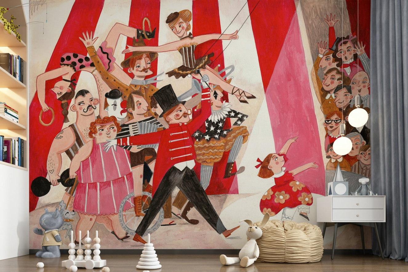 A beautiful whimsical circus parade wallpaper mural for a playful room.