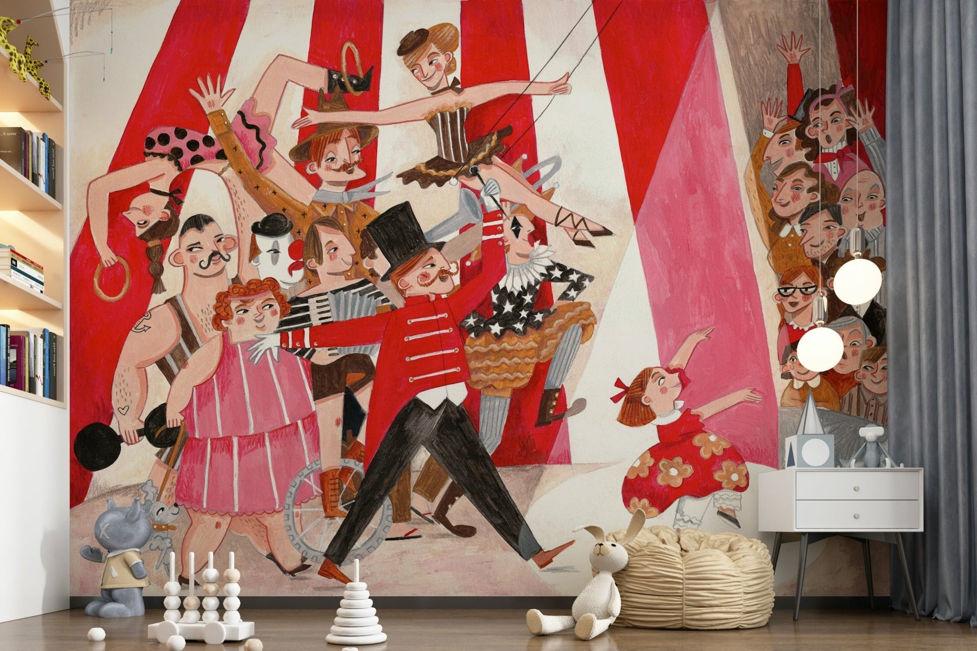 A beautiful whimsical circus parade wallpaper mural for a playful room.