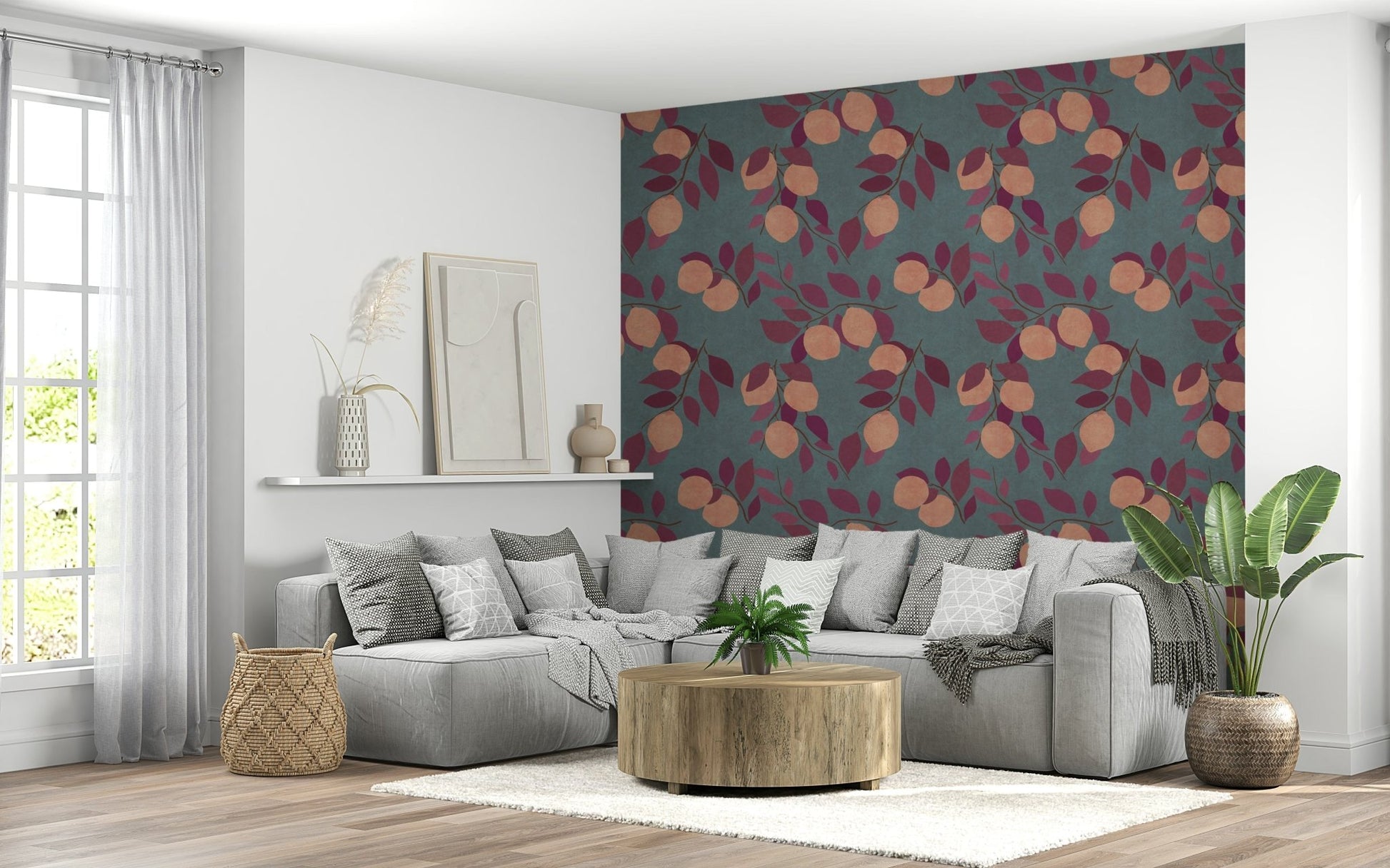 Fresh fruit illustration wallpaper mural for a sunny breakfast nook.
