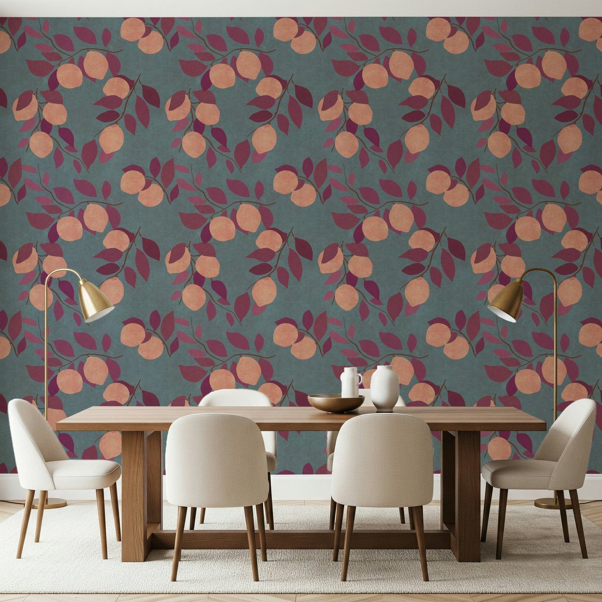 Vibrant orange and lemon pattern wallpaper mural for a dining room.