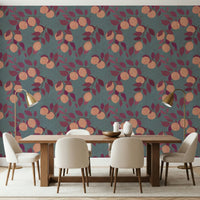 Vibrant orange and lemon pattern wallpaper mural for a dining room.